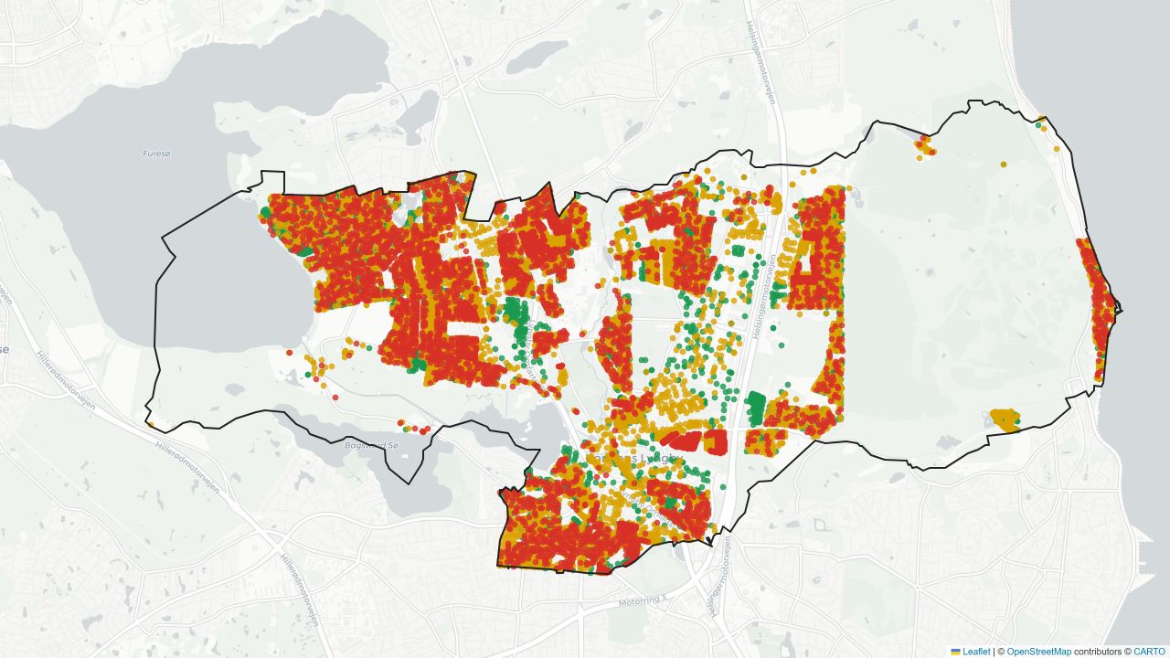 Resultatkort over bygningers potentiale for lavtemperaturfjernvarme i Lyngby-Taarbæk